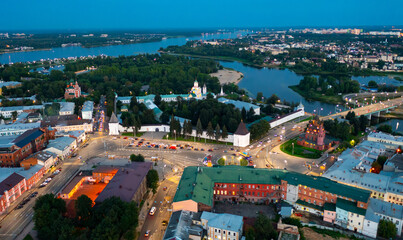 Obraz premium Bird's eye view of Yaroslavl in evening. Transfiguration of the Saviour Monastery can be seen from above.