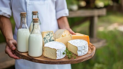 Person holding a wooden tray with various cheeses and bottles of milk. A selection of artisan cheeses and fresh milk.