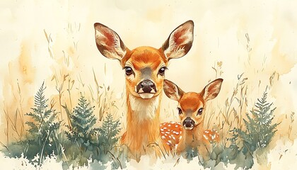 Watercolor a gentle doe and her fawn peeking through ferns in a silent forest, alert to any sound