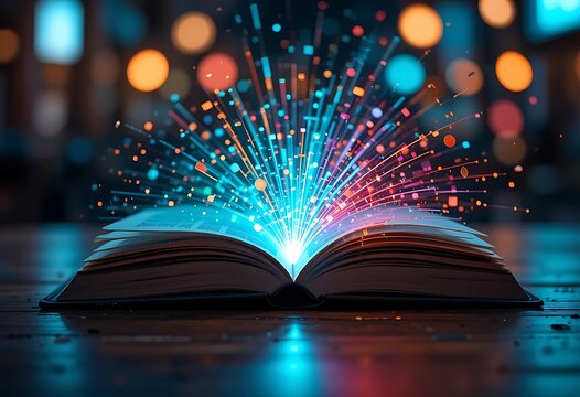 Open book with glowing pages, symbolizing effective learning and education. The image captures the essence of creativity, imagination, and the power of reading to expand horizons.