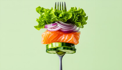 Close-up of fork with food on it: delicious fillet salmon, cucumber, onion, green salad on green background. Concept of healthy diet and clean eating, balanced nutrition space for text