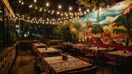 Festive outdoor caf with colorful tablecloths and mural wall