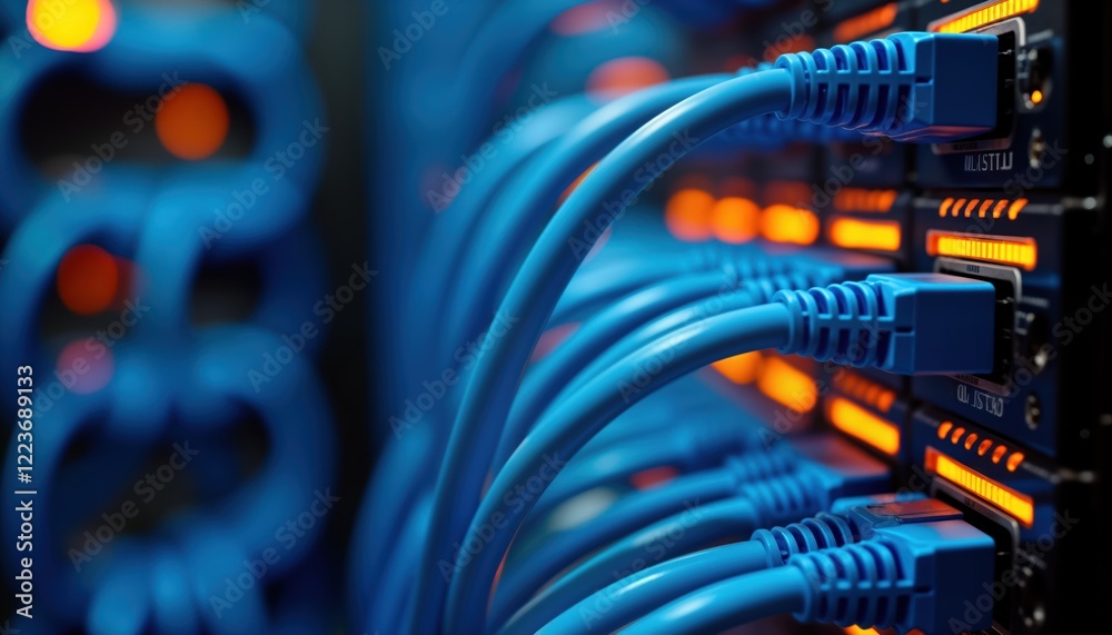 Poster close-up view of network cables connected to server rack. blue cables plugged into orange lit ports.