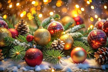 Obraz premium Festive Christmas ornaments, pine cones, and evergreen branches on snow with bokeh lights.