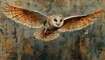 Watercolor a barn owl swooping down silently in the twilight, eyes focused on the ground below