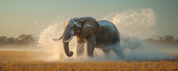 Scene an elephant spraying water over its back to cool down under the hot savannah sun