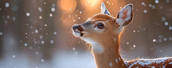 Scene a young deer sampling the first snowflakes winter, nose pointed towards the sky