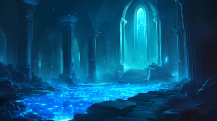 Glowing bioluminescent cavern pool with ethereal blue light. Sparkling Cavern. Illustration