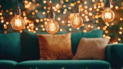 Cozy living room, warm lights, festive background, holiday mood, home decor