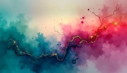Obraz premium Colorful abstract design depicting swirling patterns and gradients of teal, pink, and gold hues in a vibrant composition