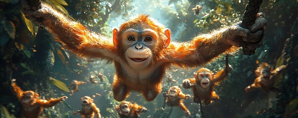 Scene a troop monkeys swinging energetically through the jungle canopy, calling to each other
