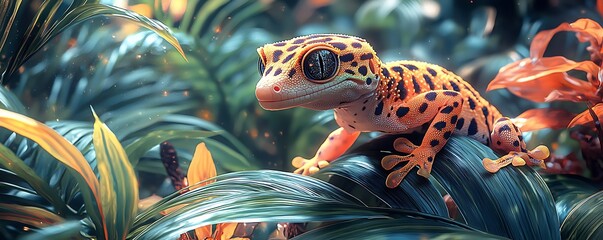 Scene a spotted gecko climbing a tropical plant, blending almost seamlessly into the greenery