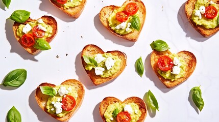 charming Valentine's Day-inspired appetizer featuring heart-shaped slices of rustic whole-grain bread, topped with creamy avocado spread, juicy cherry tomato halves, and crumbles of fresh feta cheese