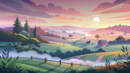 Beautiful foggy sunrise in English countryside with soft pastel sky and calm feeling :