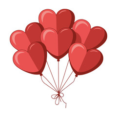 A cluster of stylized heart-shaped balloons in shades of red, tied together against a white background.