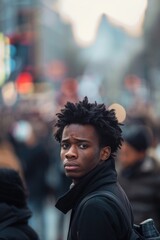Fototapeta premium A young man with dreadlocks stands in a crowd of people. He looks sad and is wearing a black jacket