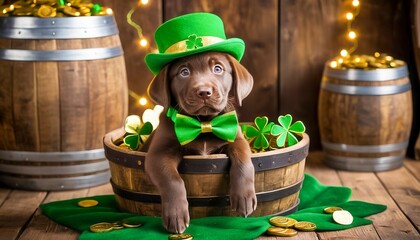 Cute puppy wearing a green hat and bow tie in a wooden barrel surrounded by gold coins and shamrocks for a festive celebration