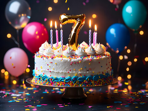 7th Birthday Celebration Concept with Balloons, Cake, and Number 7