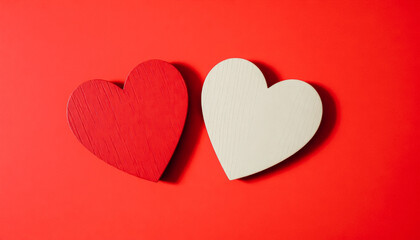 Two wooden hearts, one red and one natural, vertically aligned on a deep red background with dramatic shadows.