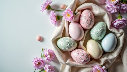 Pastel colored Easter eggs display intricate patterns, nestled on soft beige linen. Delicate spring flowers add charm, creating a cheerful festive atmosphere