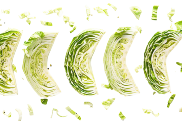Sliced cabbage arranged artistically on a white background, showcasing its fresh green layers and intricate texture in daylight isolated on transparent background