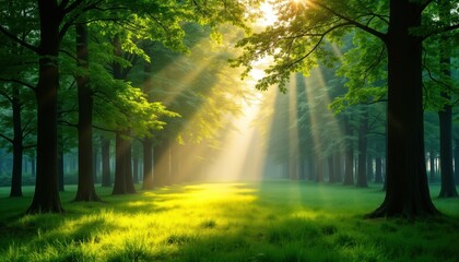 Obraz premium Sunlight streams through green forest. Trees stand tall, vibrant foliage creates tranquil scene. Warm light bathes meadow creating serene atmosphere. Landscape peaceful, beautiful. Sunbeams highlight