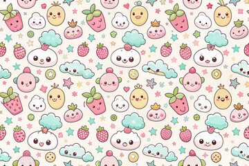 Fototapeta premium Cute kawaii fruit and cloud seamless pattern.