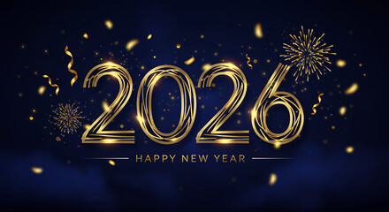 Naklejka premium Happy New Year 2026 Gold Fireworks Celebration Design