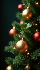 Shiny golden ornaments on a festive holly bush, bush, xmas, balls