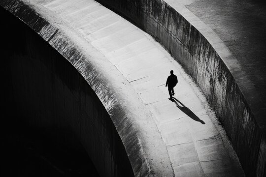 Fototapeta A man is walking down a long, narrow walkway. The walkway is made of concrete and is surrounded by a wall. The man is wearing a black jacket and he is alone. The image has a somber and lonely mood