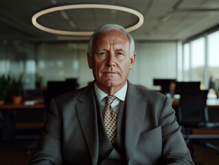 Naklejka premium Senior businessman in a suit sitting at an office desk with a serious and confident expression