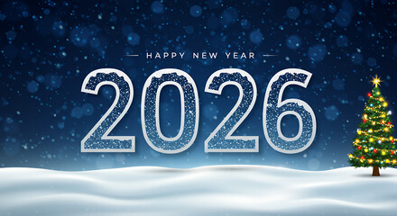 Fototapeta premium Snowy 2026 New Year's Eve Greeting Card with Christmas Tree