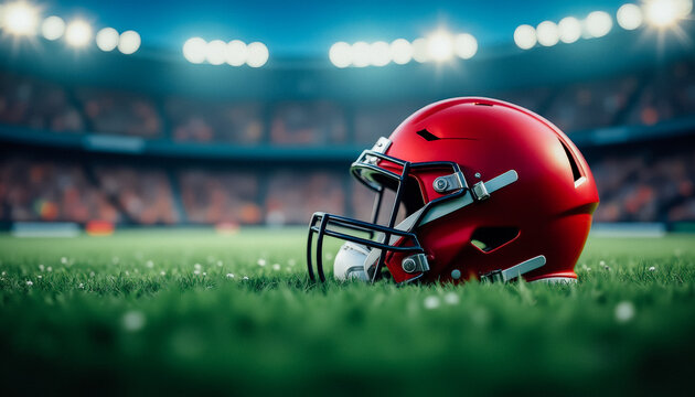 Close-up of a red football helmet on grass with a blurred stadium background under bright lights.