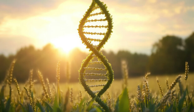 Lush Green DNA Helix Structure in Wheat Field at Sunrise Symbolizing Genetic Engineering, Biotechnology, and Sustainable Agriculture
- Powered by Adobe