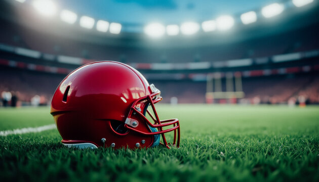 A detailed view of a red football helmet with a blurred stadium background and bright lights.