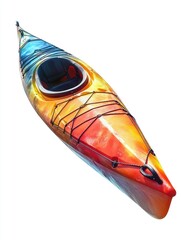 A colorful kayak with a black handle and orange and blue stripes. The kayak is sitting on a white background