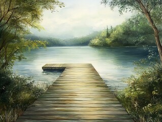 Obraz premium A peaceful scene of a wooden dock extending into a calm lake, surrounded by lush greenery, capturing the serenity and beauty of a tranquil natural setting.