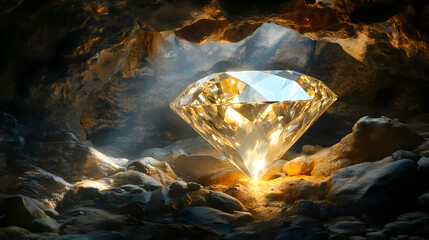 Obraz premium A stunning diamond sparkling in a dark, rocky cave. diamond cavern. illustration. Sparkling Cavern. Illustration