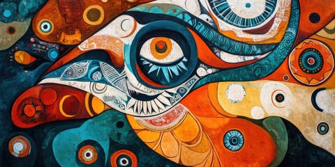 Obraz premium A colorful painting of a face with a large eye. The eye is surrounded by a blue and green background