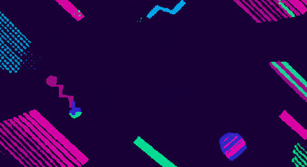 Retro 80s Pixel Art Background, Neon Geometric Shapes, Synthwave Design
