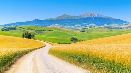 Fototapeta premium Winding road through golden wheat fields, mountain backdrop, sunny day, rural landscape, travel photography