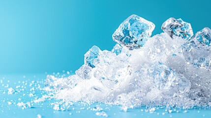 Sparkling ice cubes on blue background; refreshing drink concept