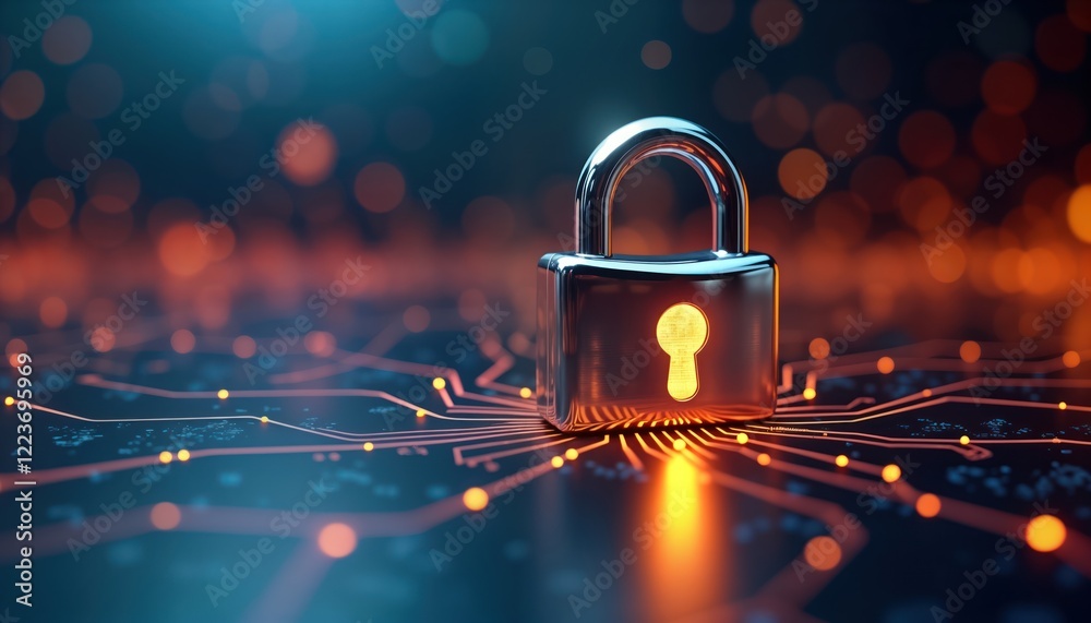 Aufkleber Shiny silver lock on blue background. Tech secure concept. Digital safety illustration. Cyber security symbol. Protection against attacks. Closed lock. Secure system. Safe access. Data privacy.