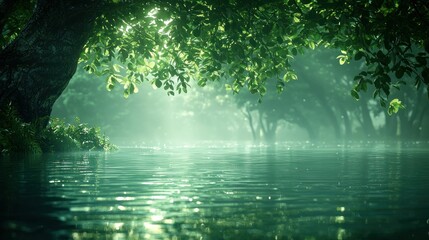 Obraz premium Sunlit River, Misty Forest, Calm Waters, Tranquil Scene