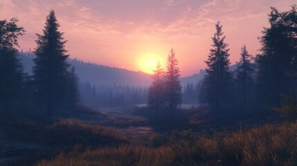 Misty sunrise over tranquil forest lake, scenic mountain background; ideal for travel or nature websites