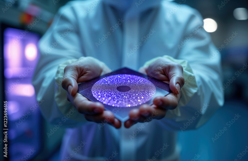 Leinwandbilder tech expert in protective uniform holds semiconductor wafer. modern tech lab setting. expert handles