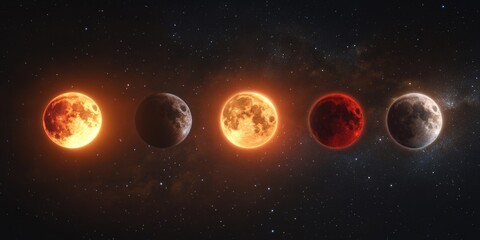 A series of four different colored moons in the sky. The first moon is red, the second is yellow, the third is white, and the fourth is blue