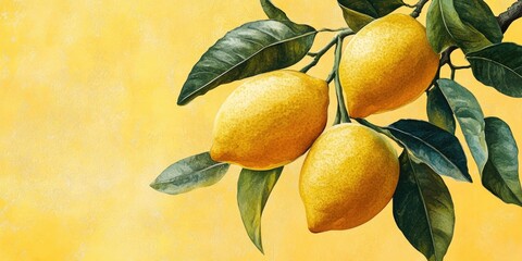 Three lemons hanging from a tree branch. The lemons are yellow and the leaves are green