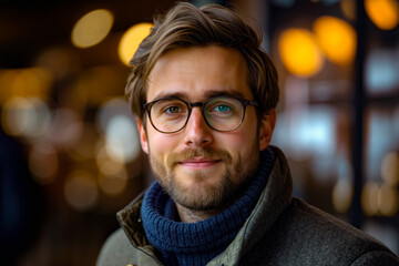 Obraz premium A man with glasses and a beard smiles at the camera