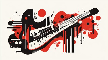 A creatively rendered abstract guitar illustration featuring a fusion of musical elements, bold black, red tones, and elegant curving shapes forming a unique instrument.